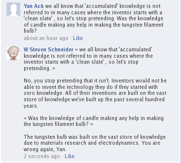 Yan Ack - Candle to Light Bulb
Yan Ack explains that the candle didn't lead directly to the light bulb so the light bulb isn't a result of accumulated knowledge.
Keywords: Yan Ack, Yan, candle, light bulb, knowledge